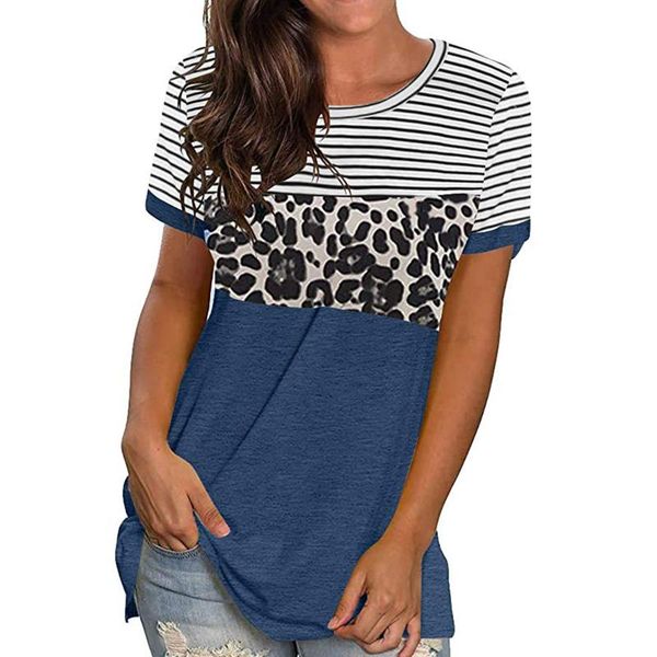 

fashion printed short-sleeved t-shirt ladies casual o-neck pullover leopard stitching loose harajuku women's, White