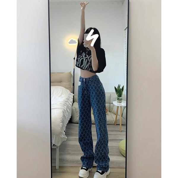 

women's jeans chic jacquard full long for women ins trendy autumn printed boyfriend loose straight drape wide leg denim pants blue femm