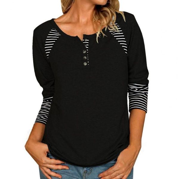 

women's blouses & shirts women striped patchwork casual blouse buttons neck autumn long sleeve o-neck pullover femme et chemises, White