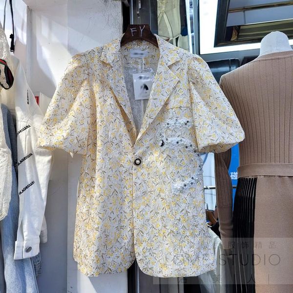 

women's blouses & shirts 2021 summer blazer shirt sequins retro puff sleeve floral suit for women print short camisas de mujer blouse, White