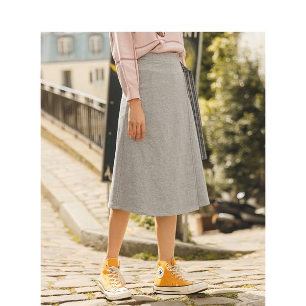 

skirt spring autumn fashion contrast color show fit waist a line women skirt w30x, Black