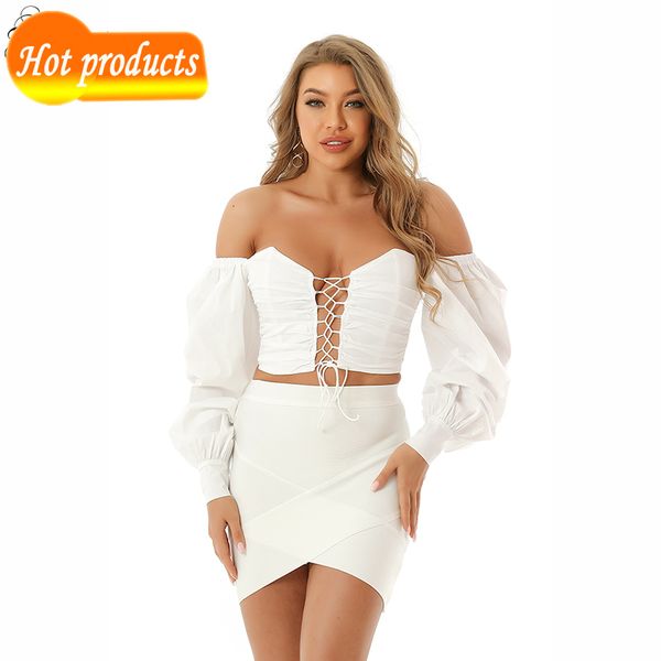 

two piece dress you women's t-shirts celebrity cocktail party white clothes lantern hollow bow design off the upper shoulder fbfe