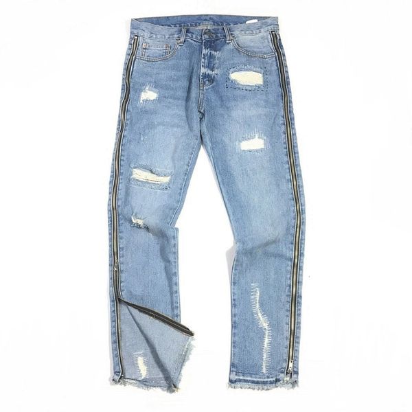 

jeans kanye side zipper slim jeans washed blue distressed biker pants streetwear