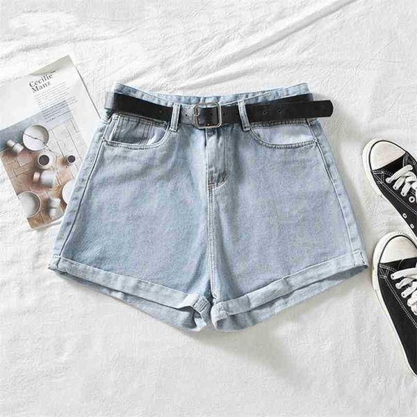 

women high waist denim shorts summer streetwear casual blue woman wide leg with belt jeans 210525, White;black