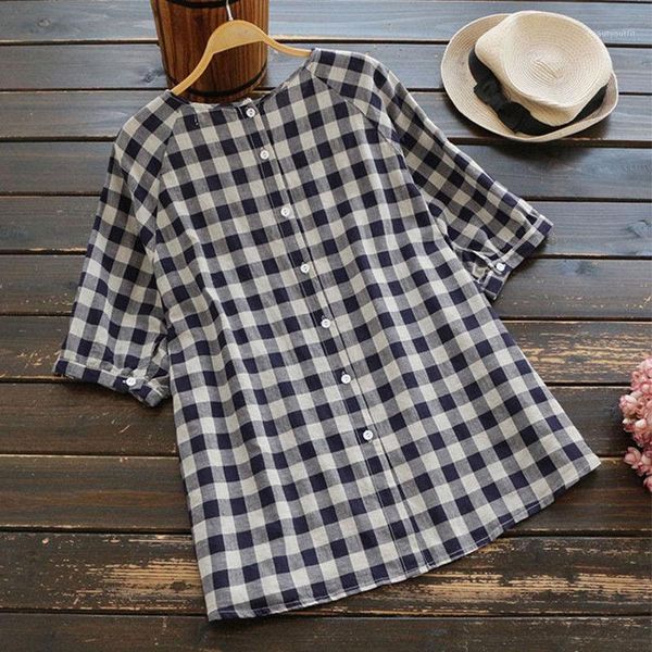 

women ladies half sleeve plaid loose blouse pullover button shirt, White