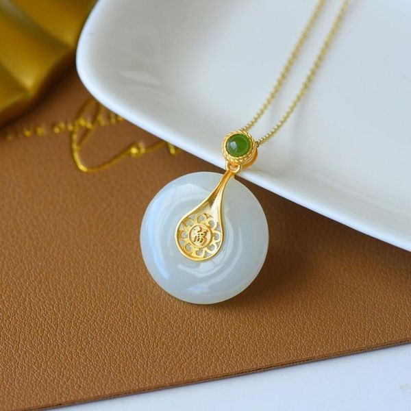 

chains silver inlaid natural hetian white jade pulp pendant necklace chinese style retro minority design charm women's jewelry
