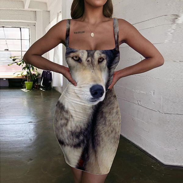 

women dress brand wolf animal halter sleeveless snow 3d print lovely ladies dresses womens clothing club short beach femme, Black;gray