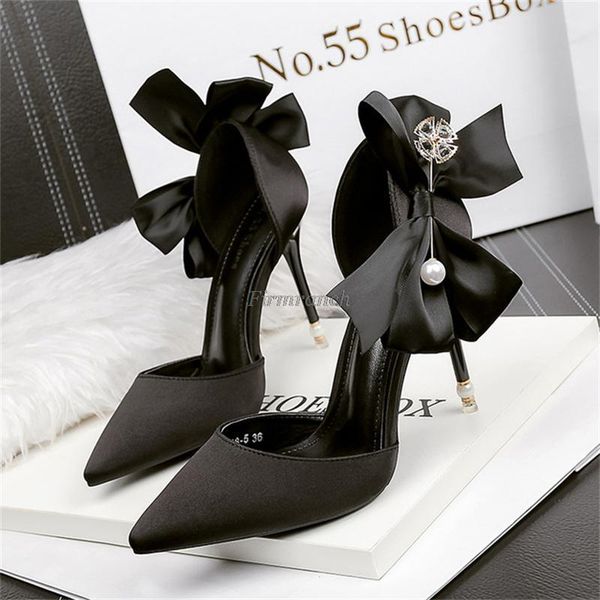 

dress shoes women's heeled 2021 korean fashion pointed toe satin high heels bow pearl sandals stiletto pumps, Black