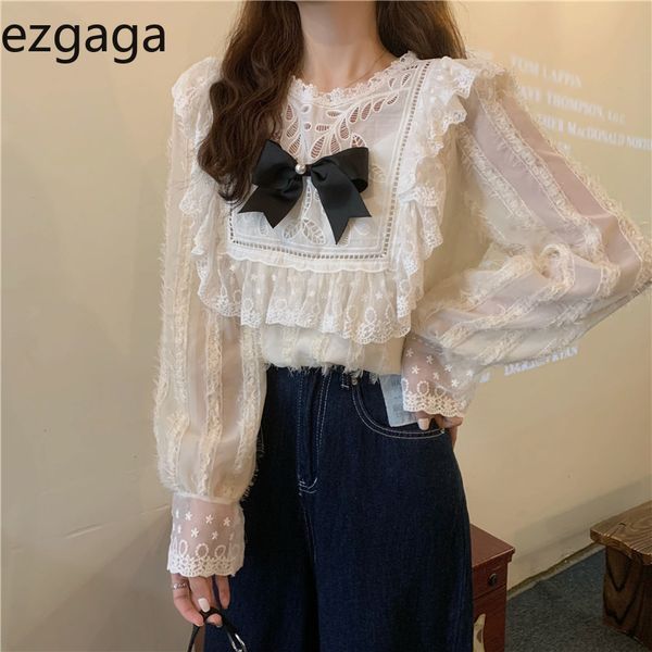 Ezgaga Süße Bluse Frauen Bowknot Spitze Patchwork Frühling Mode Oansatz Langarm Aushöhlen Koreanische Shirts Casual Blusas 210430