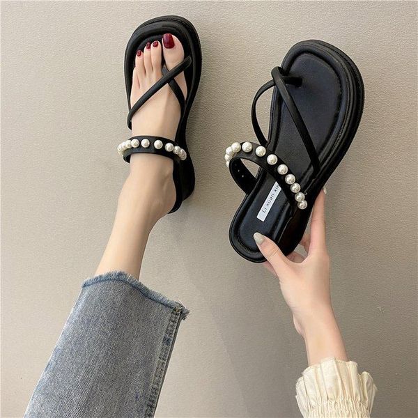 

slippers string bead shoes woman 2021 female rubber flip flops low luxury slides platform hawaiian designer beach hoof heels, Black