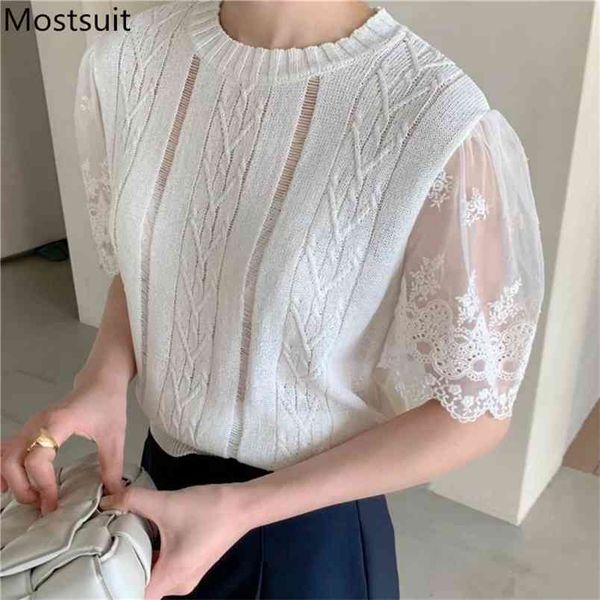 

summer knitted pullover sweater women lace sleeve o-neck hollow out korean vintage ladies jumpers femme 210513, White;black