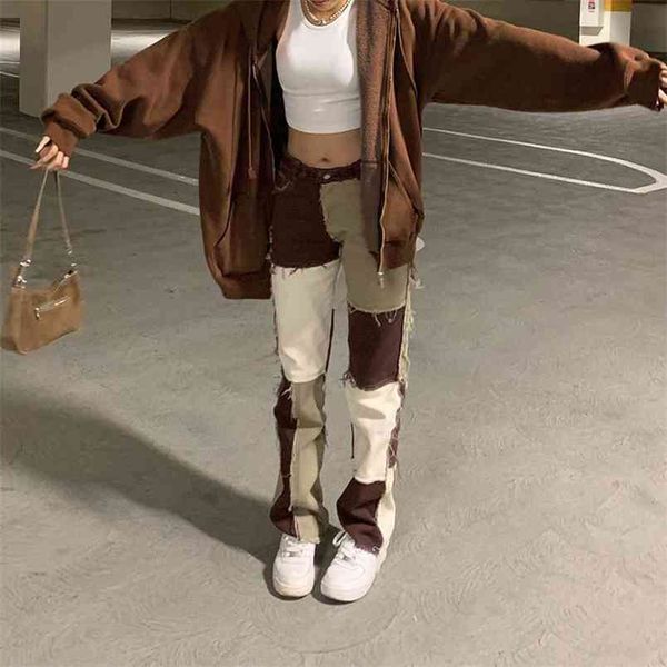 

brown straight y2k jeans for girls female fashion patched women vintage denim pants high waisted trouser harajuku capris 210510, Blue
