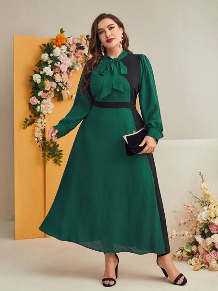 

plus tie neck colorblock dress s58w#, Black