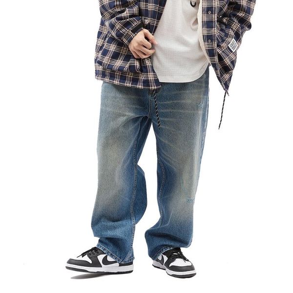 

men's jeans washed distressed ripped denim pants mens loose straight-leg amekaji casual trousers men, Blue