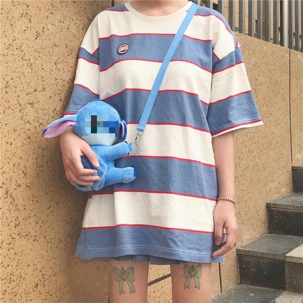 

striped round neck women t-shirts short sleeve loose fit harajuku fashionable women's clothing summer casual mujer camisetas t-shirt, White