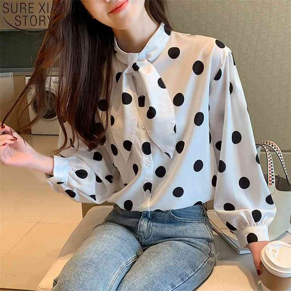 

korean blouse women dot chiffon shirt spring and autumn stand collar long sleeve fashion bow tie blusas clothing 12260 210506, White