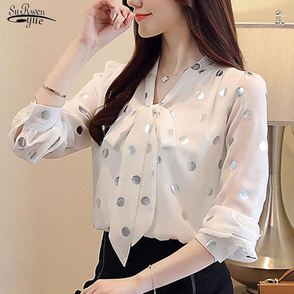 

women's blouses & shirts blusas femininas blouse women 2021 spring white long sleeve for bow chiffon polka dot v-neck 7960 50