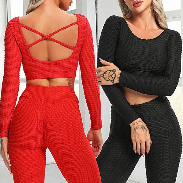 

women vital jacquard yoga set gym clothing fitness leggings+cropped shirts sport suit long sleeve tracksuit active wear outfit