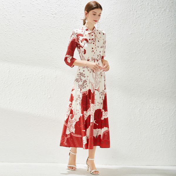 

elegant women's clothing celebrity's lace up collar 7 / 4 sleeve closed waist large hem printed princess dress, Black;gray