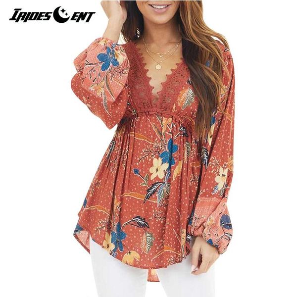 

autumn long sleeve shirt v-neck floral print blouse fashion casual patchwork lace camisas de mujer elegantes women's blouses & shir, White