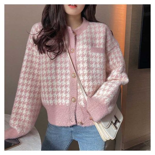 Coreano Houndstooth Curto Camisola Cardigan Jaqueta Mulheres Elegante Imitação Mink Fleece Knitwear Tops Vintage O-pescoço de malha casacos 211218