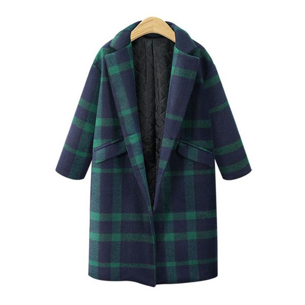 

women's wool & blends womens winter plaid lapel woolen coat trench jacket long parka overcoat lady lattice medium thick straight barrel, Black