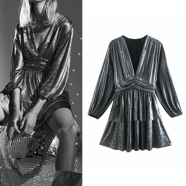 

women fashion pleats mini dress 2021 v-neck long sleeve ruched ruffle dresses vintage elastic waist ladies casual, Black;gray