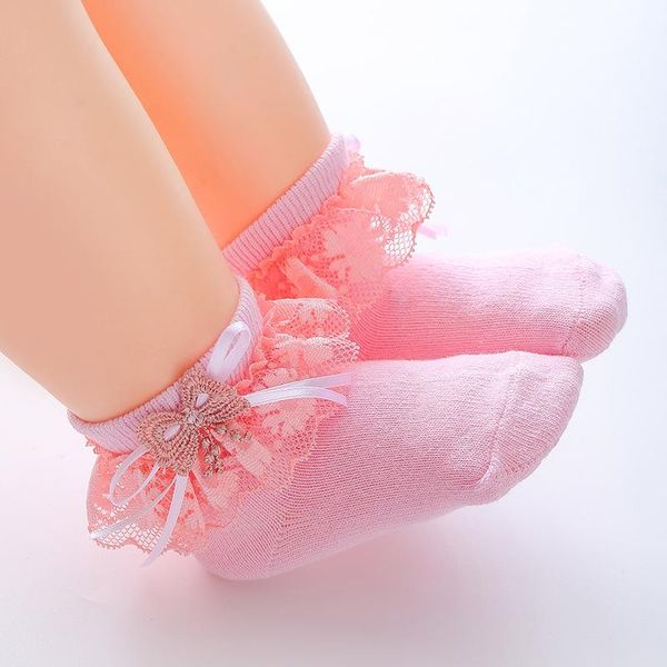

socks spring autumn born baby with bow lace princess solid color soft cotton infant girls year gift, Pink;yellow