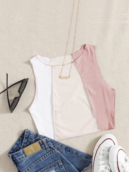 

stitch trim rib-knit colorblock tank p3nf#, White