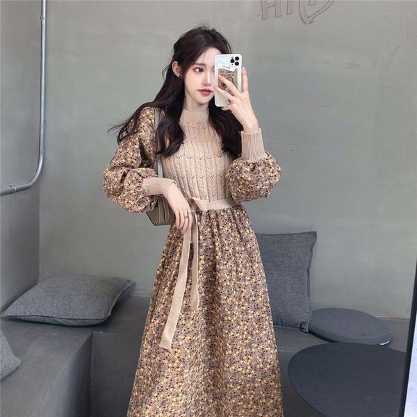 

fake portrait of two garments dressed in female floral autumn and winter long sleeve mid-length thin fashion shreds dress y1071 u9gl, Black;gray