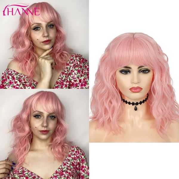 

synthetic wigs hanne short natural wave sakura pink wig with bangs heat resistant fiber for black/white women