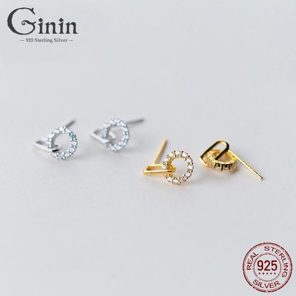 

ginin real 925 sterling silver stud earring for women inlaid shiny zircon round geometric temperament elegant femme ear jelewery, Golden;silver