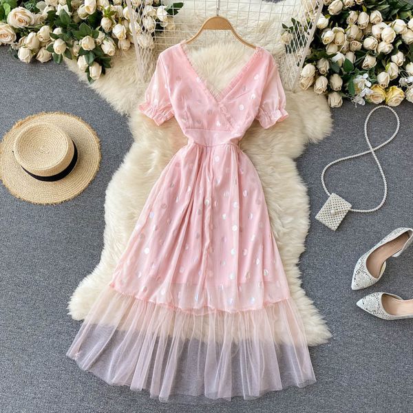 

short sleeve stitching tulle dress women summer knee-length v-neck a-line chiffon preppy style pink y2k clothing 210513, Black;gray