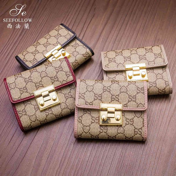 

sole by designer new wallet women's short leather folding multi-function buckle printing card bag versatile fashion purse, Brown;gray