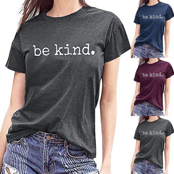 

women's t-shirt carney be kind letter print round neck short sleeve, White