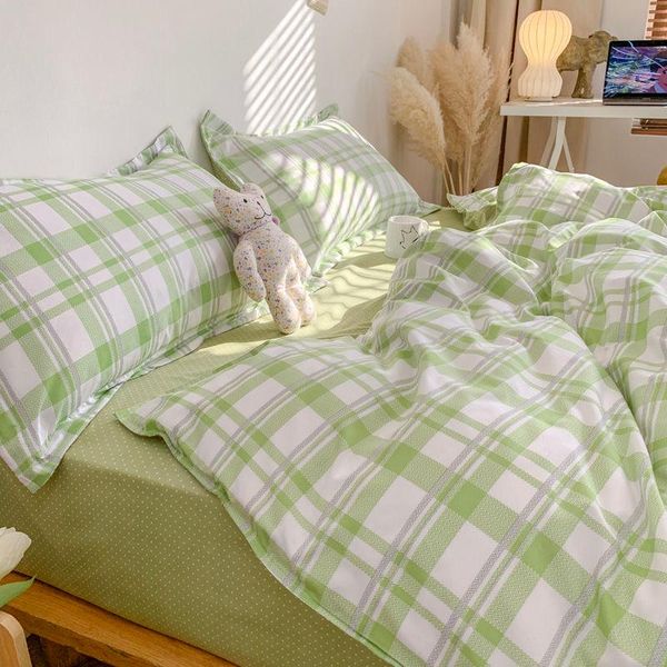 

bedding sets ins smple lattice four piece set fresh girl's heart matte bed sheet quilt cover seasons