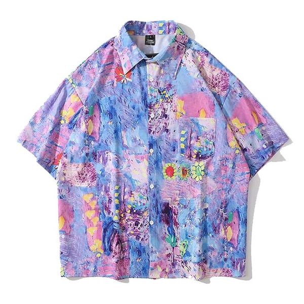 

men's casual shirts summer tide retro oil painting print short-sleeved for men and women hip-hop street loose lovers all-match flower, White;black