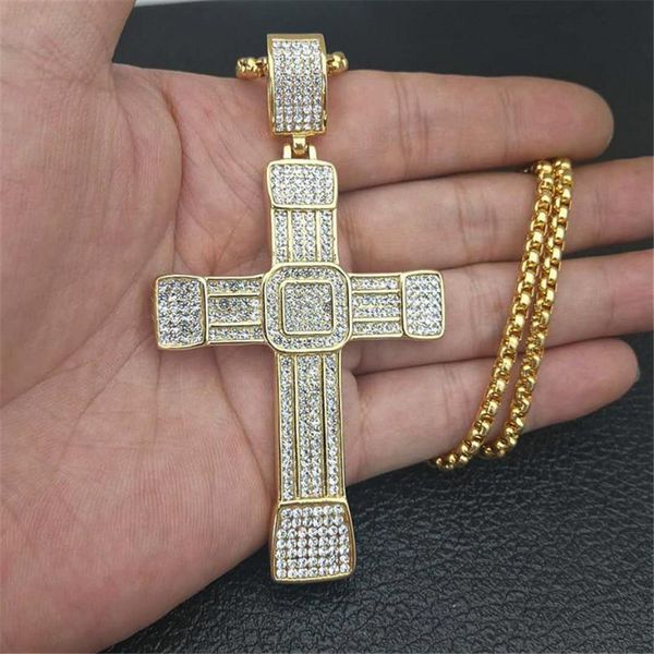 Collane con ciondolo Collana da uomo Grande croce con catena in acciaio inossidabile e strass Bling ghiacciati Gioielli cristiani hip-hop