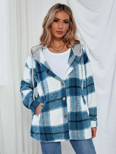 

women's jackets women streetwear woolen plaid coat hooded single breasted cardigan female autumn and winter jacket, Black;brown