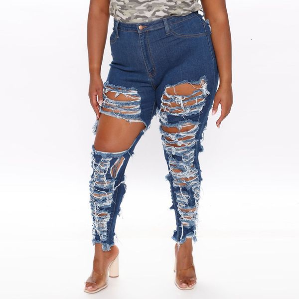 

autumn and winter large women's high waist fashion slim hole stretch jeans, Blue