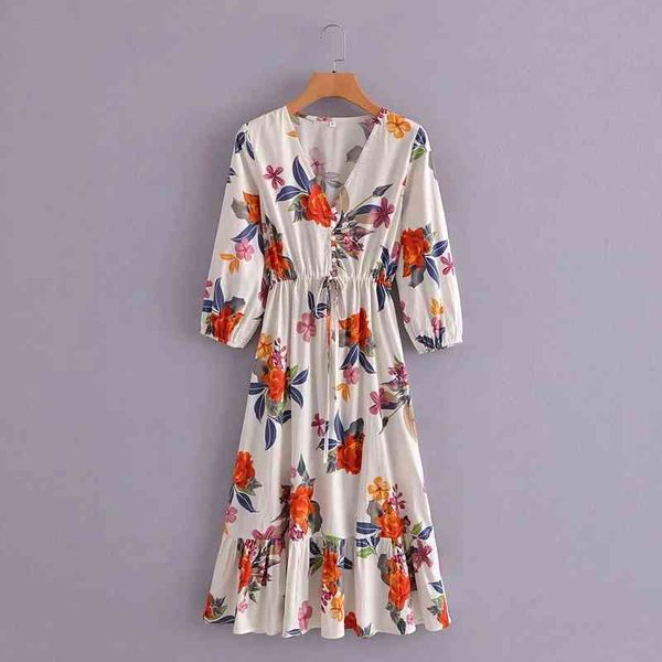 

women floral print v neck waist drawstring poplin midi dress female three quarter sleeve clothes casual lady loose vestido d7529 210430, Black;gray