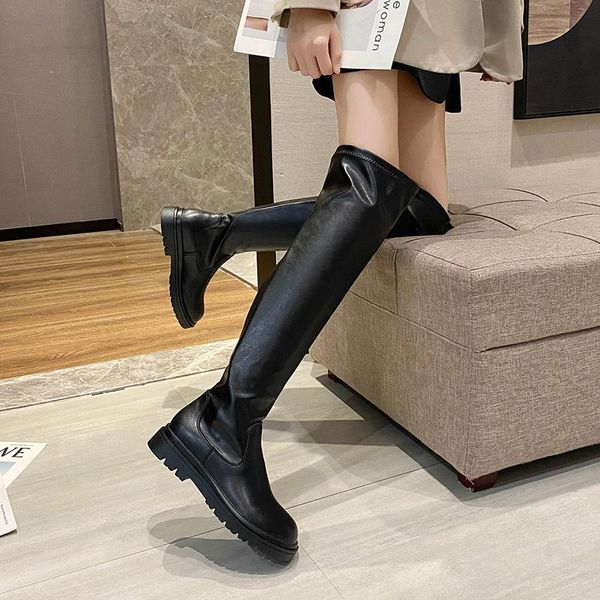 

boots 2021 ankle ladies shoes slip on mid calf platform soft pu leather long boot footwear woman fashion autumn winter, Black