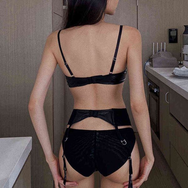 

nxy set3 piece bra+panties+garter leather lingerie 3/4 cup thick padded underwire push up bras women underwear set black red b c d 1128, Red;black