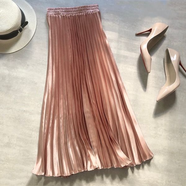 

skirt croysier spring summer women fashion shiny metallic satin pleated skirt midi high waist elegant vintage long skirts womens xroo, Black