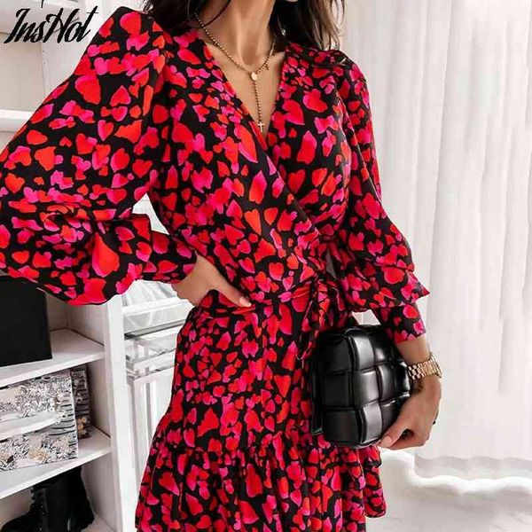 

spring long lantern sleeve print wrap dress women elegant ruffles v neck red party dresses autumn female a line office vestidos 210514, Black;gray