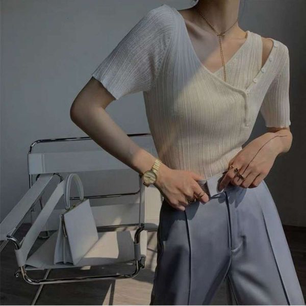 

paperlll v-neck ice silk sweater short sleeve irregular design slim women, Black