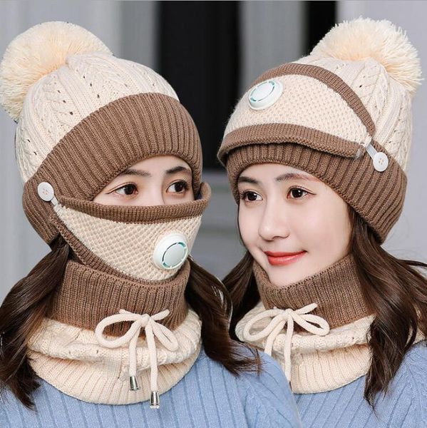 

female autumn and winter new style breathing valve mask hats caps scarves sets dmzm031 fashion thicken warm outdoor cycling knit hat set, Blue;gray