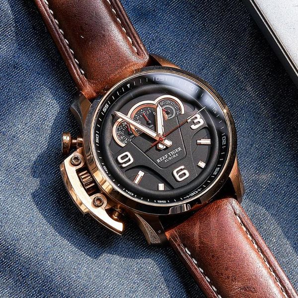 

wristwatches reef tiger/rt outdoor sport watches for men steel analog quartz leather strap waterproof watch montre homme rga2105, Slivery;brown