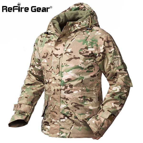 Refire engrenagem inverno camuflagem camuflagem jaqueta tática homens impermeável quente espesso lã lã blusa de blusa com capuz jaleco militar casaco militar x0710