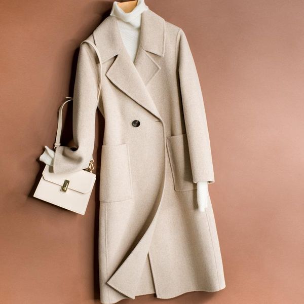 

women's wool & blends 2021 autumn winter double-sided cashmere coat women jacket plus size loose long solid cardigan, Black